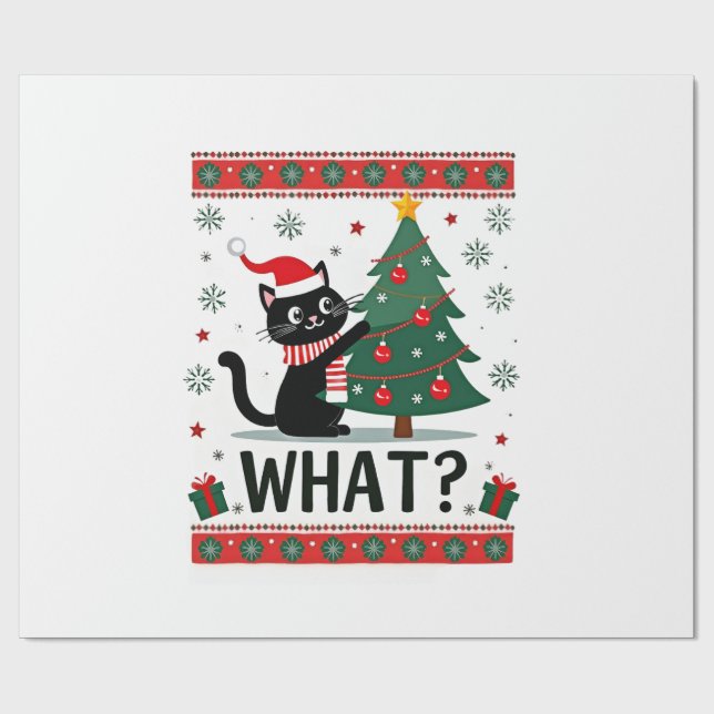 Cat What Funny Black Cat Pushing Christmas Tree Ug Wrapping Paper (Flat)