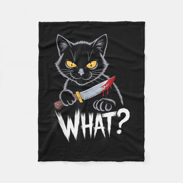 Cat What_ Funny Black Cat With Knife Halloween Fleece Blanket (Front)