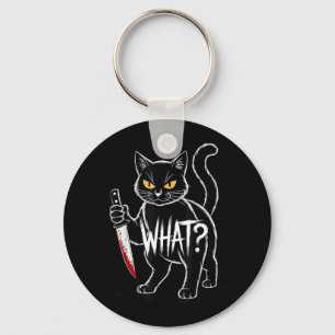 Cat What_ Funny Black Cat With Knife Halloween Keychain