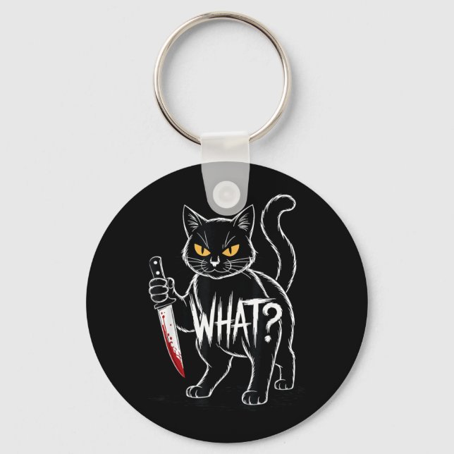 Cat What_ Funny Black Cat With Knife Halloween Keychain (Front)