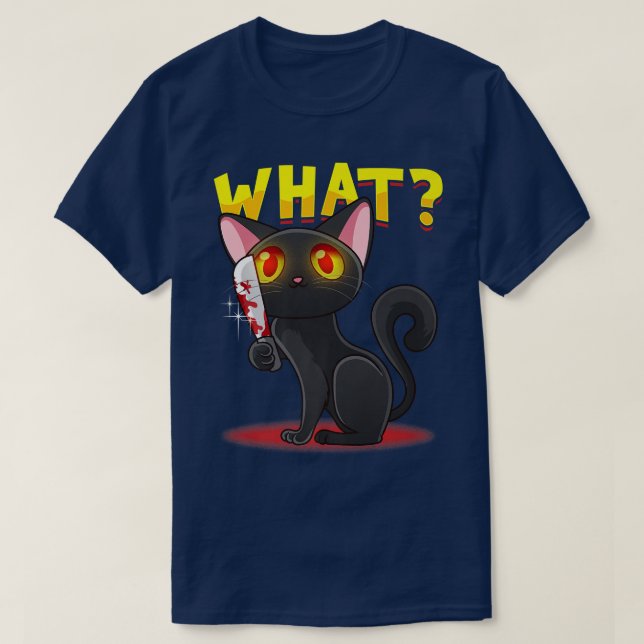 Cat What Funny Black Cat With Knife  T-Shirt (Design Front)