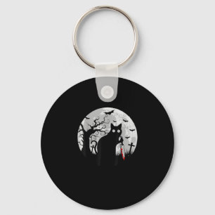 Cat What_ Halloween Black Cat with Knife - Funny W Keychain