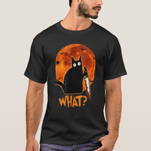 Cat What Murderous Black Cat With Knife Halloween  T-Shirt (Front)