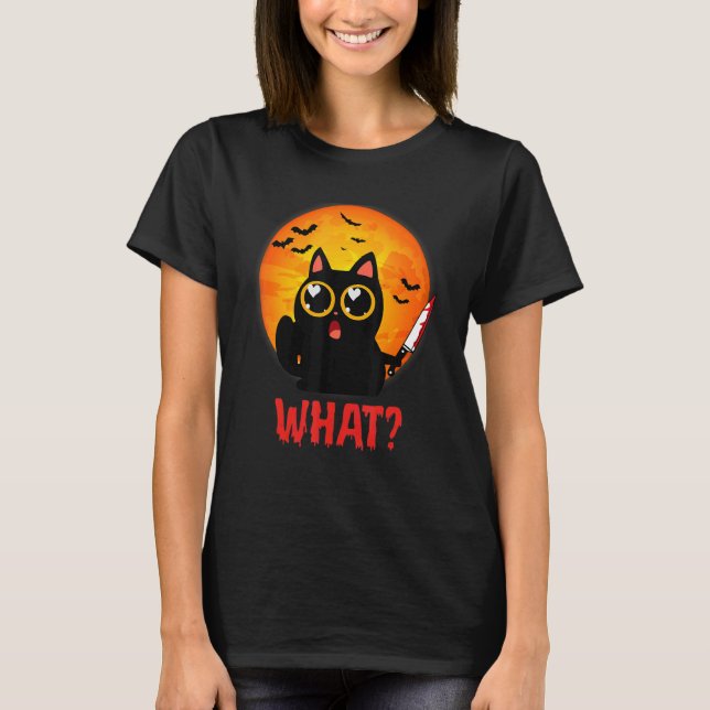 Cat What Murderous Black Cat With Knife Halloween  T-Shirt (Front)