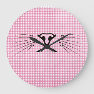 Cat Whiskers on Pink and White Gingham Large Clock