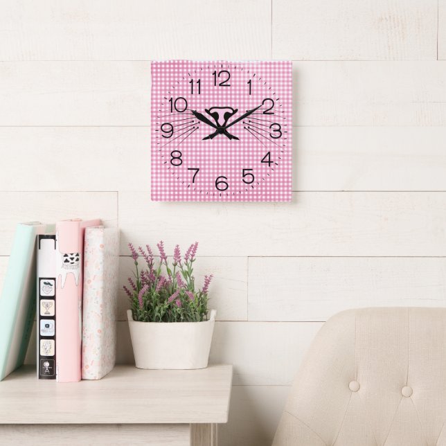 Cat Whiskers on Pink and White Gingham Square Wall Clock (Reading Room)