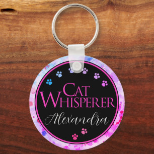 Cat Whisperer Colourful Tie Dye Pink fun saying Keychain