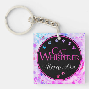 Cat Whisperer Colourful Tie Dye Pink fun saying Keychain