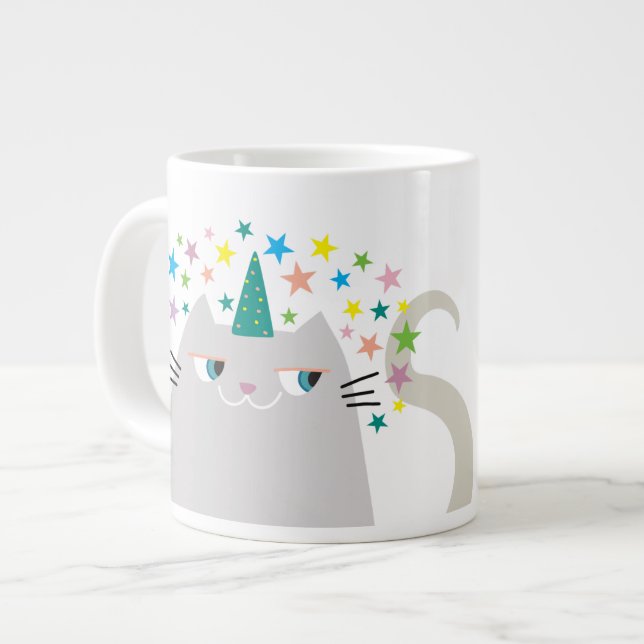 Cat White Unicorn Caticorn Colourful Stars Chic Large Coffee Mug (Front Left)