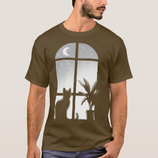 Cat window Kitty looking stars infinite night beau T-Shirt