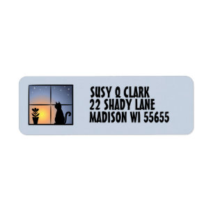 CAT WINDOW NIGHT MOOON LIGHT RETURN ADDRESS LABELS