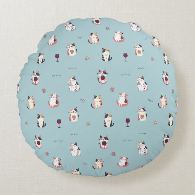 Cat & Wine Round Pillow: Fun and Quirky Design Round Pillow (Front)