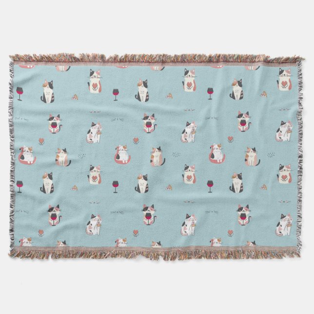 Cat & Wine Throw Blanket: Cozy and Playful Design (Front)