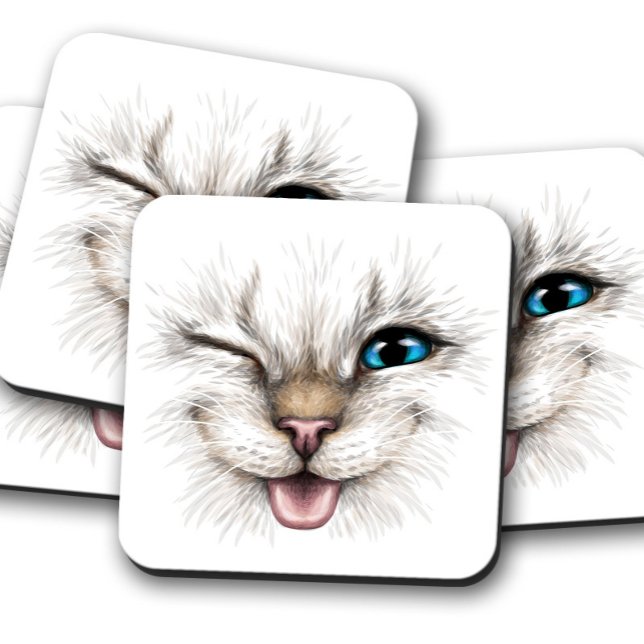 Cat Wink Blue Eye Coaster | Cat Cork Coaster Set (Creator Uploaded)