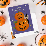 Cat witch and Jack O Lantern's Happy Halloween Foil Holiday Postcard<br><div class="desc">Cute halloween greeting for kids with witch cat and real gold foil stars</div>