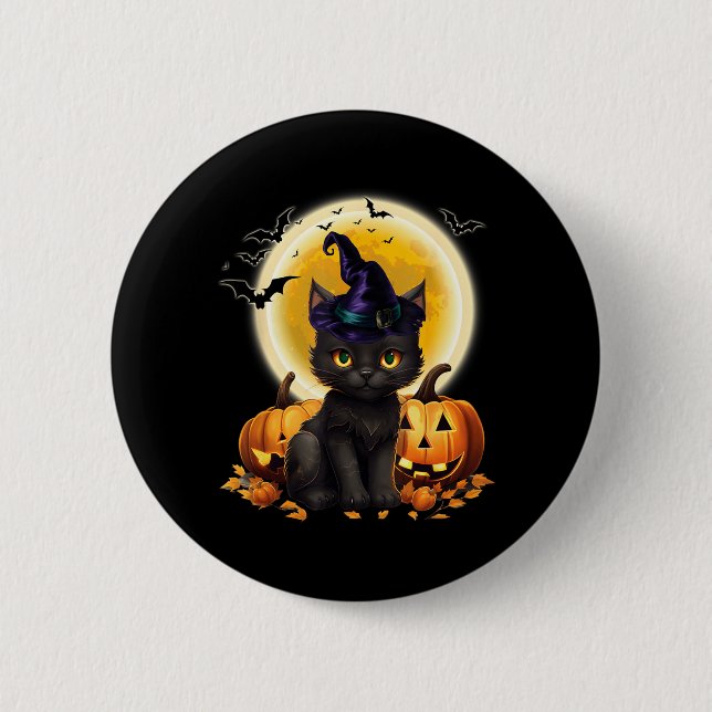 Cat Witch Hat Pumpkin Moon Black Cat Funny 2 Inch Round Button (Front)