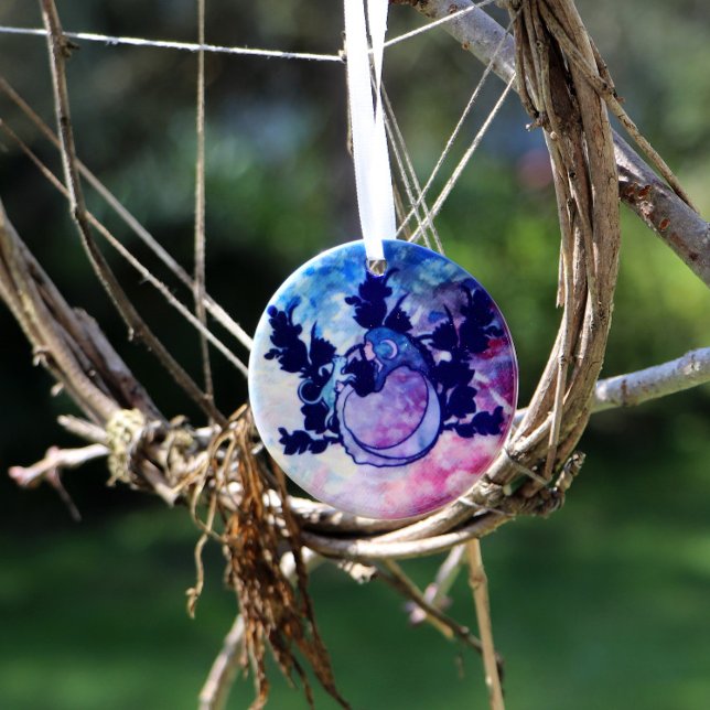 Cat Witch Moon Goddess Wiccan Cat Person Ceramic Ornament (Witches' feline grace,
Moon whispers secrets to cat,
Midnight's arcane chase.)