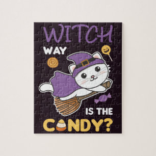 Cat Witch Witch Way Is The Candy Happy Halloween J Jigsaw Puzzle
