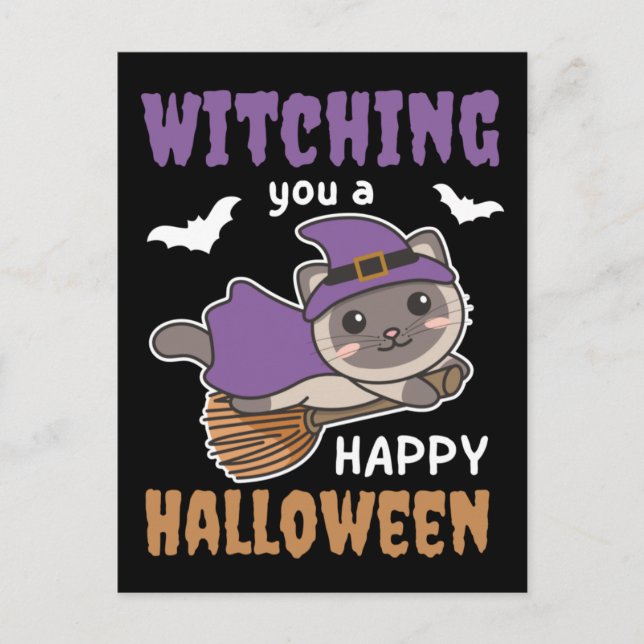 Cat Witch Witches Witching You A Happy Halloween H Holiday Postcard (Front)