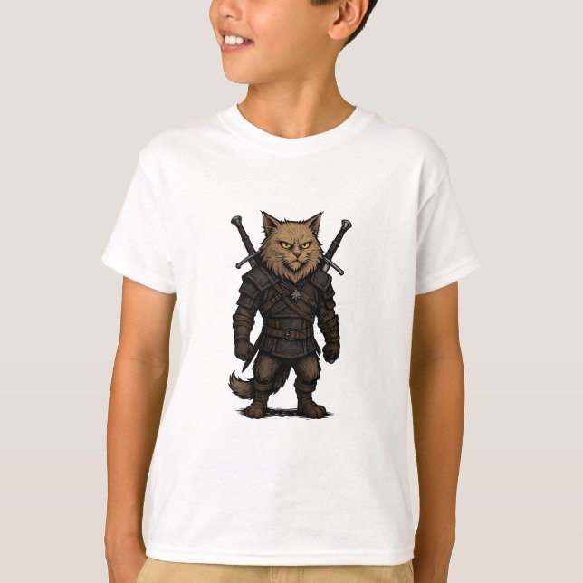 Cat Witcher – Medieval Fantasy Warrior T-Shirt (Front)
