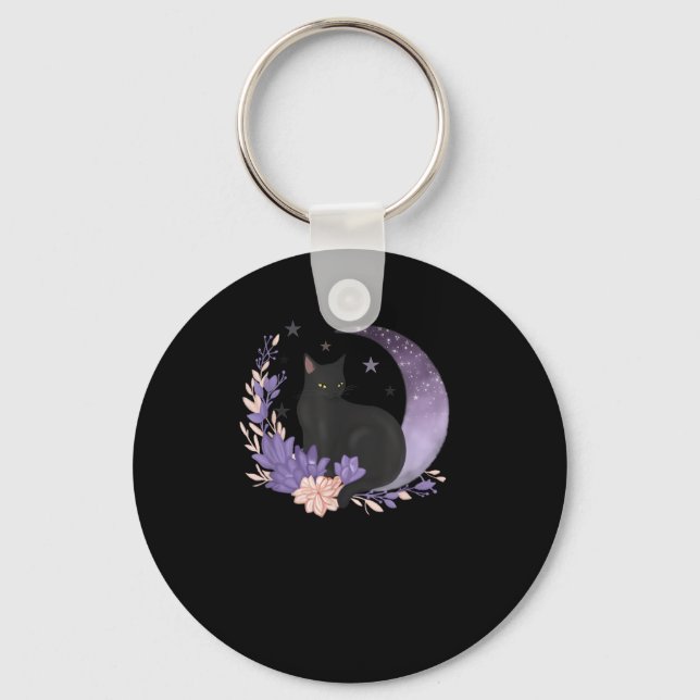Cat Witchy Moon Flowers Pastel Goth Goblincore Keychain (Front)