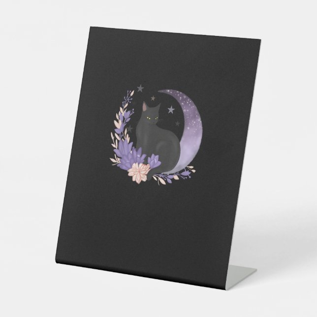 Cat Witchy Moon Flowers Pastel Goth Goblincore Pedestal Sign (Front)