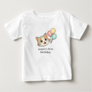 Cat with 3 Blue Balloons 1st Birthday  Baby T-Shirt