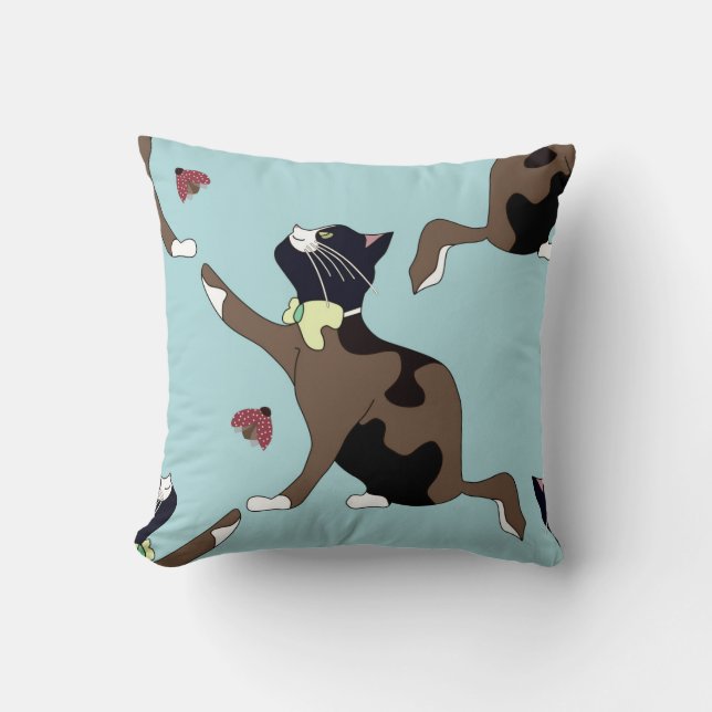 Cat with a bow catches a ladybug. throw pillow (Front)
