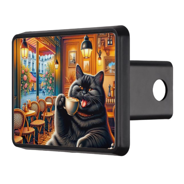 Cat with a coffee cup in cafe Trailer Hitch Cover (Left)