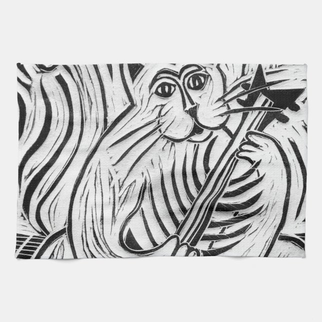 Cat with a Fish Guitar Kitchen Towel (Horizontal)