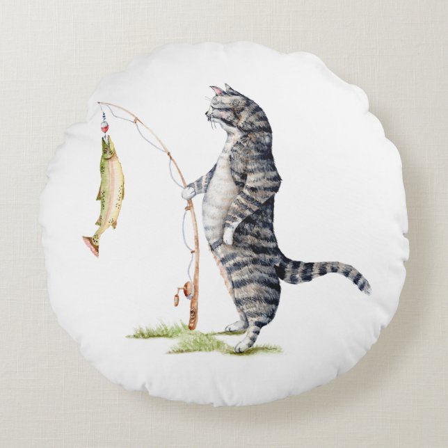 Cat with a Fish Round Pillow (Front)