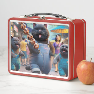 Cat with a meat ball handle and friends  metal lunch box