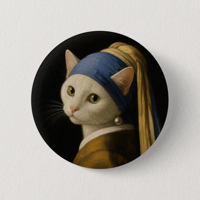 Cat with a Pearl Earring 2 Inch Round Button (Front)