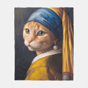 Cat with a Pearl Earring Funny Vermeer Parody Fleece Blanket