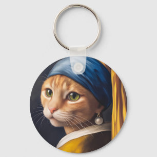 Cat with a Pearl Earring Funny Vermeer Parody Keychain