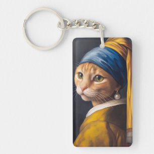 Cat with a Pearl Earring Funny Vermeer Parody Keychain