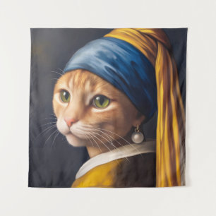 Cat with a Pearl Earring   Funny Vermeer Parody Tapestry