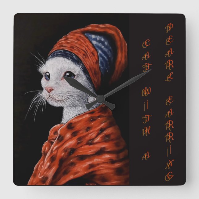 cat with a pearl earring square wall clock (Front)