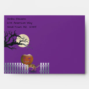 Cat with a Pumpkin on Purple Halloween Envelope