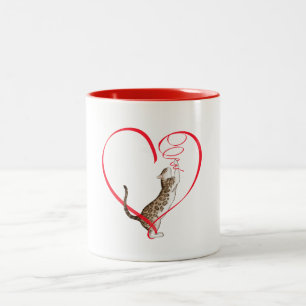 Cat with a Ribbon Heart  Two-Tone Coffee Mug
