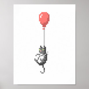 Cat With Balloon Pixel Art Poster