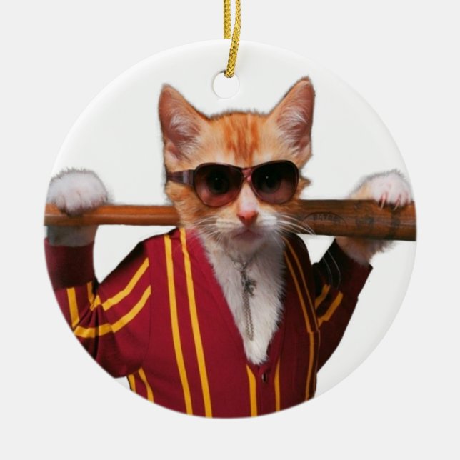 Cat with baseball bat ceramic ornament (Front)