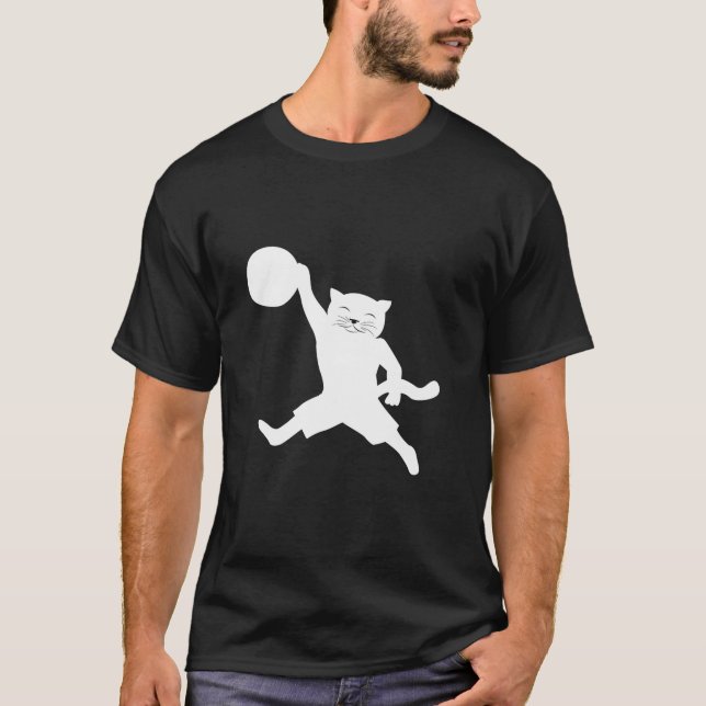 Cat with basketball jumping to slam dunk silhouett T-Shirt (Front)