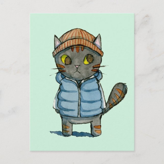 Cat with Beanie and Down Vest Watercolor Postcard (Front)