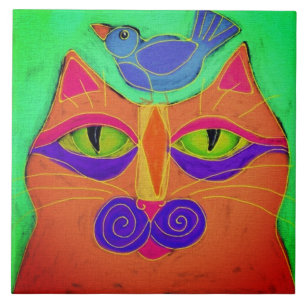 Cat with Bird on Head Abstract Painting Tile