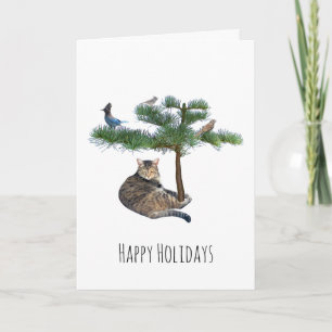 Cat with Birds in Tree Holiday Card