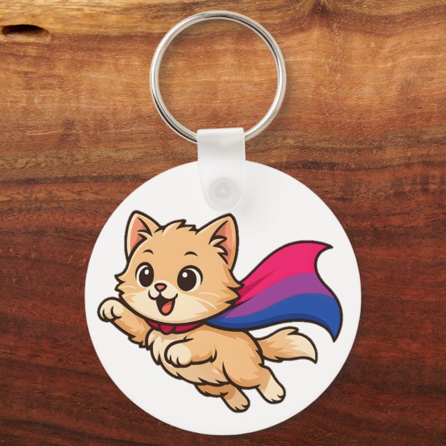Cat with Bisexual Pride Cape – Cute Bi Design Keychain (Front)