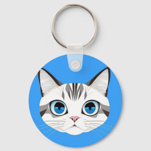 Cat With Blue Eyes Over a Bright Blue Background Keychain