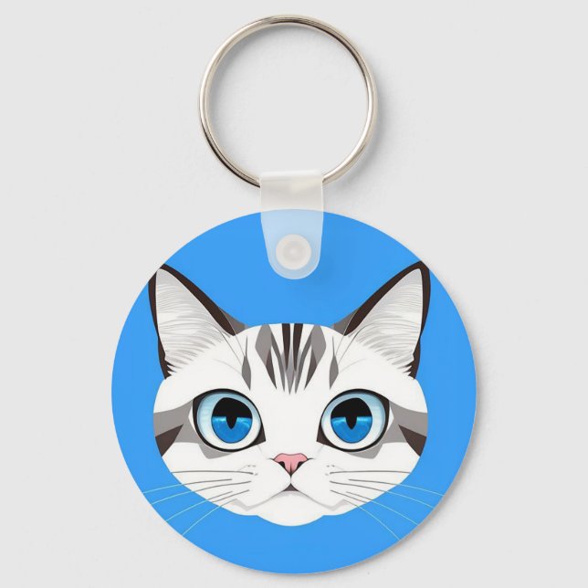 Cat With Blue Eyes Over a Bright Blue Background Keychain (Front)