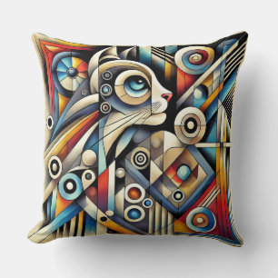 Cat with Bold Geometric Patterns and Colours Throw Pillow